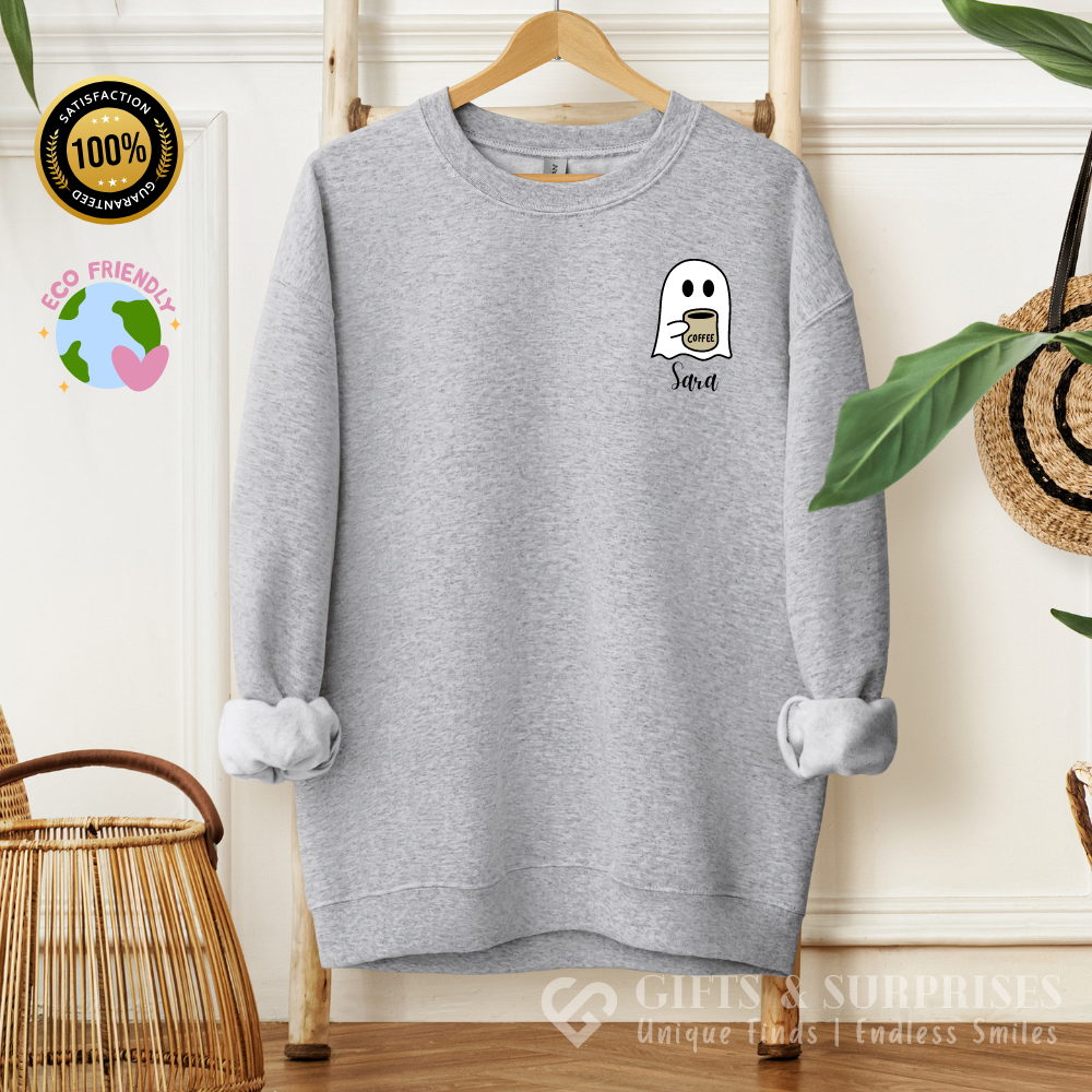 Personalized Spooky Coffee Ghost Sweatshirt | Custom Name Fall Crewneck