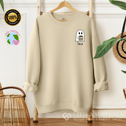 Personalized Spooky Coffee Ghost Sweatshirt | Custom Name Fall Crewneck