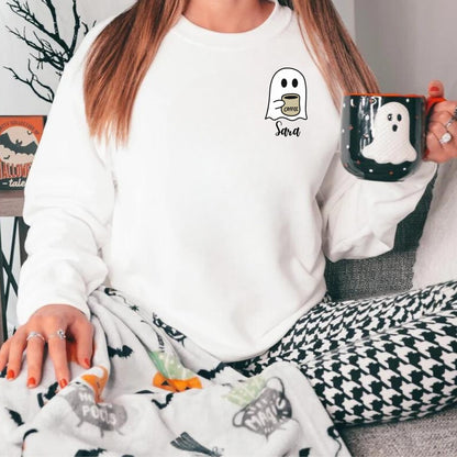 Personalized Spooky Coffee Ghost Sweatshirt | Custom Name Fall Crewneck