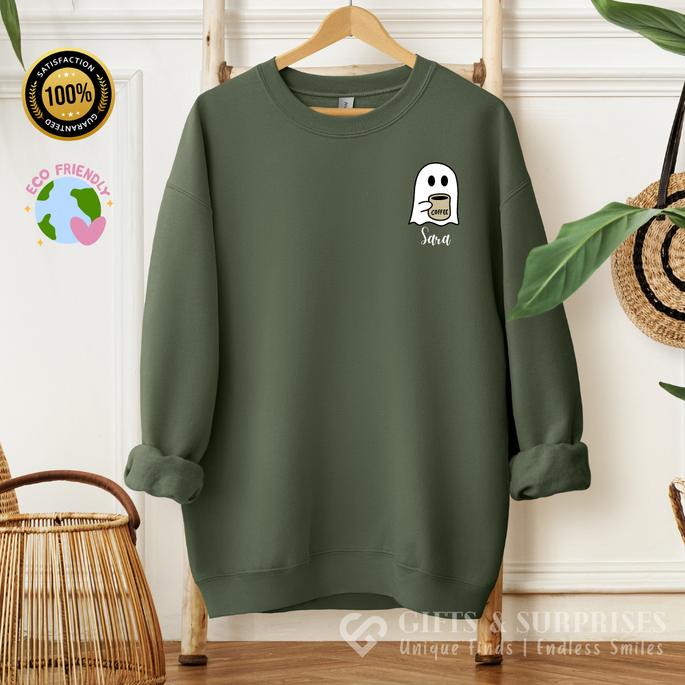 Personalized Spooky Coffee Ghost Sweatshirt | Custom Name Fall Crewneck