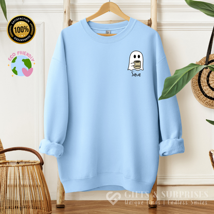 Personalized Spooky Coffee Ghost Sweatshirt | Custom Name Fall Crewneck