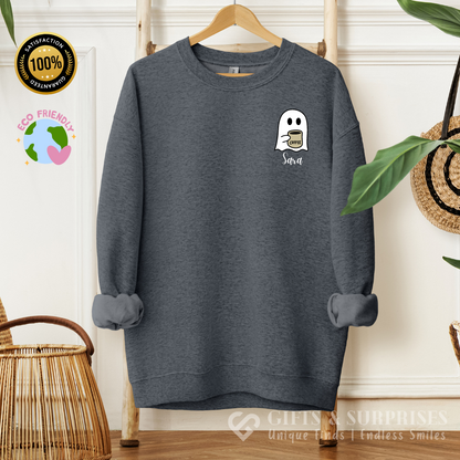 Personalized Spooky Coffee Ghost Sweatshirt | Custom Name Fall Crewneck