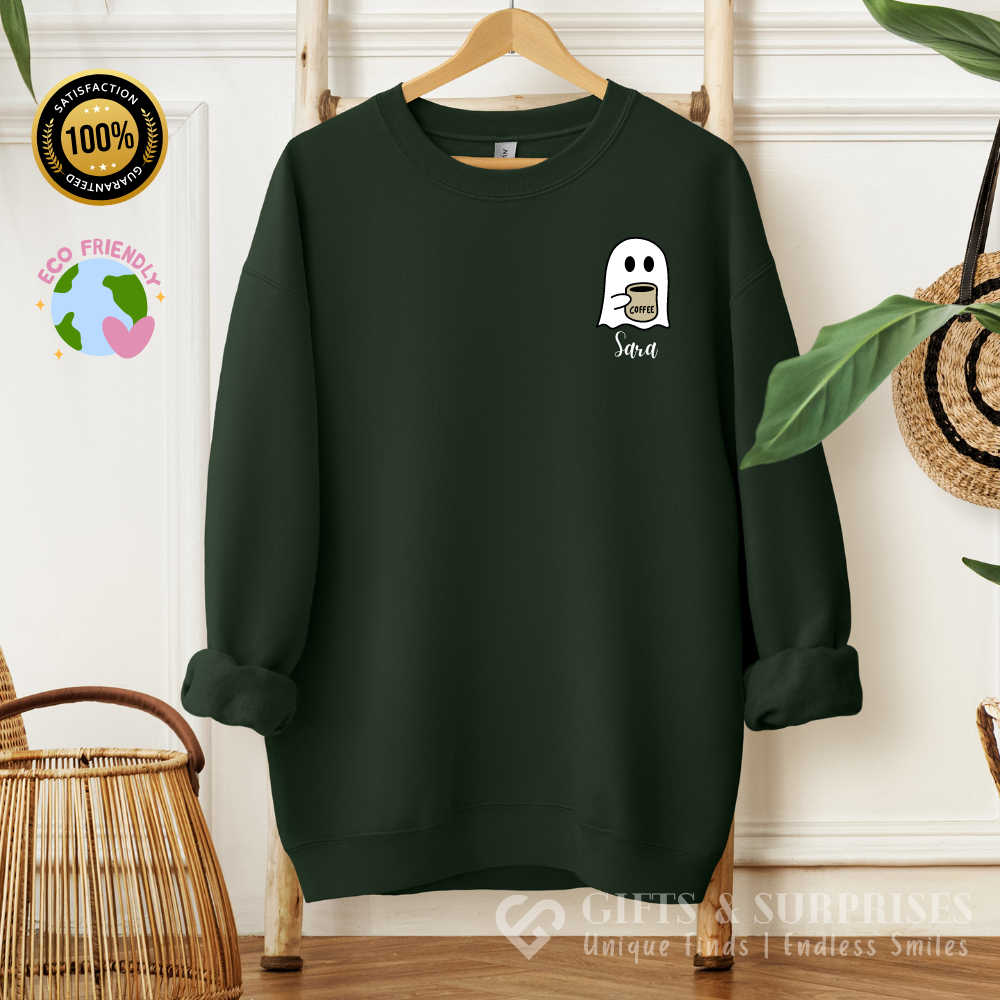 Personalized Spooky Coffee Ghost Sweatshirt | Custom Name Fall Crewneck