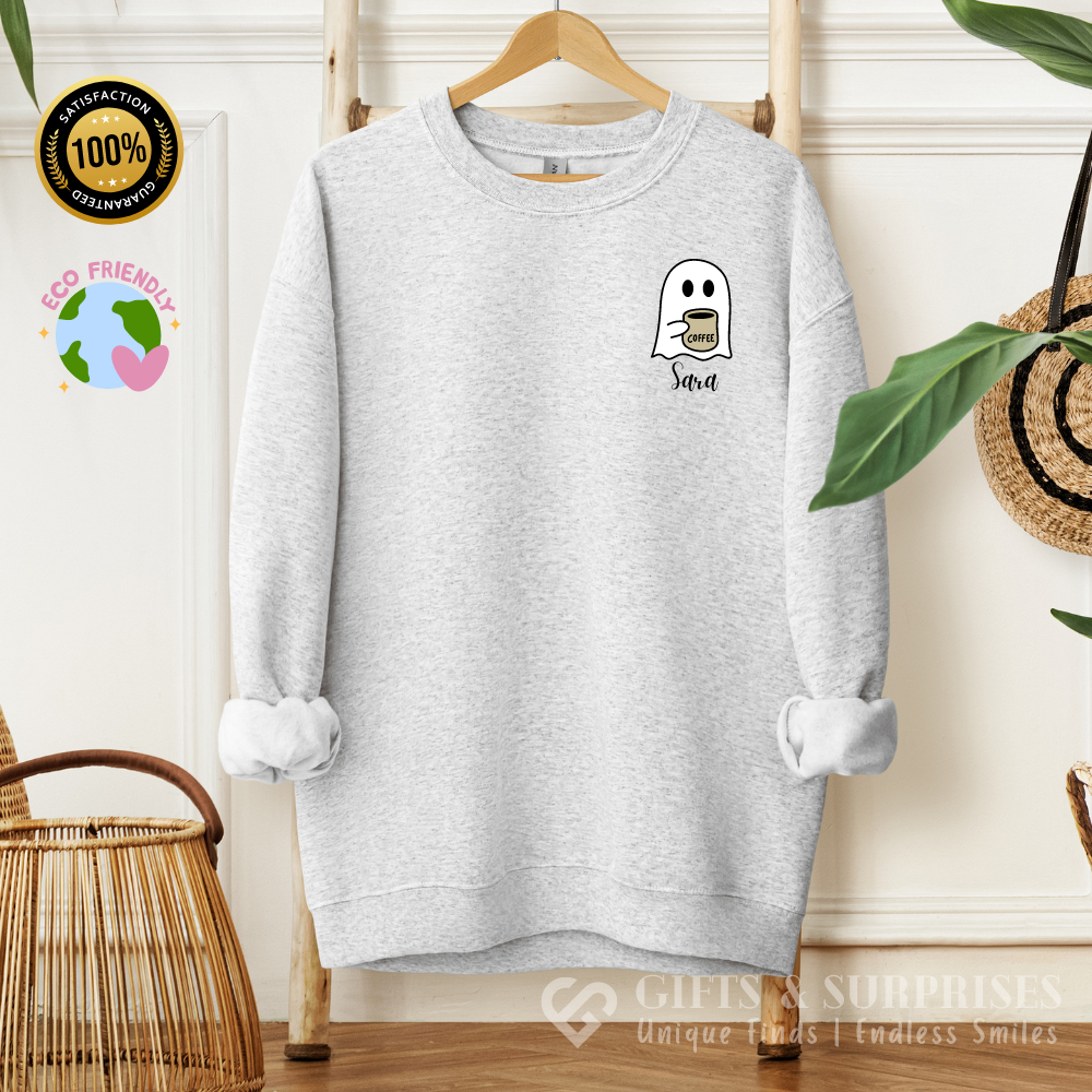 Personalized Spooky Coffee Ghost Sweatshirt | Custom Name Fall Crewneck