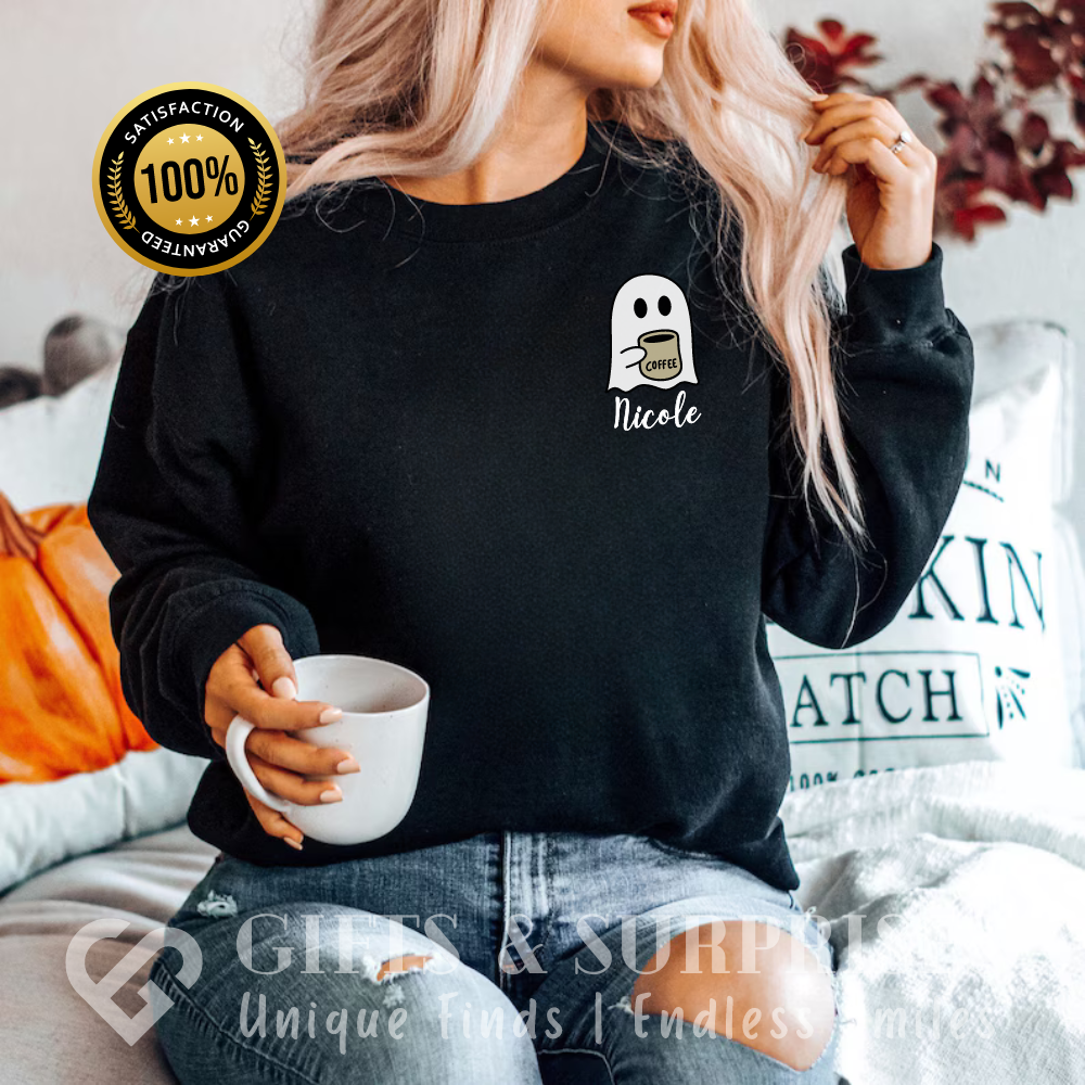 Personalized Spooky Coffee Ghost Sweatshirt | Custom Name Fall Crewneck