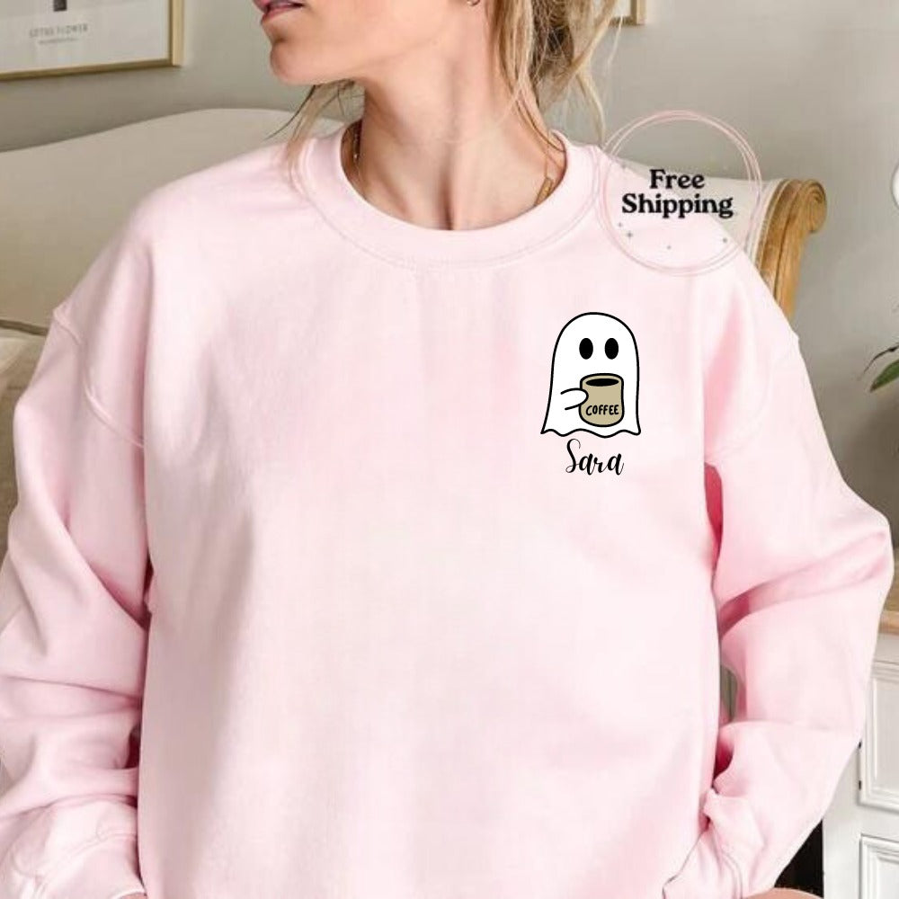 Personalized Spooky Coffee Ghost Sweatshirt | Custom Name Fall Crewneck