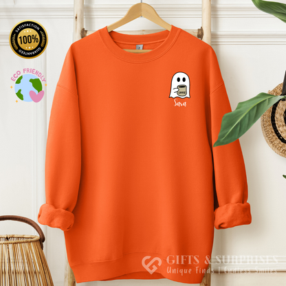 Personalized Spooky Coffee Ghost Sweatshirt | Custom Name Fall Crewneck