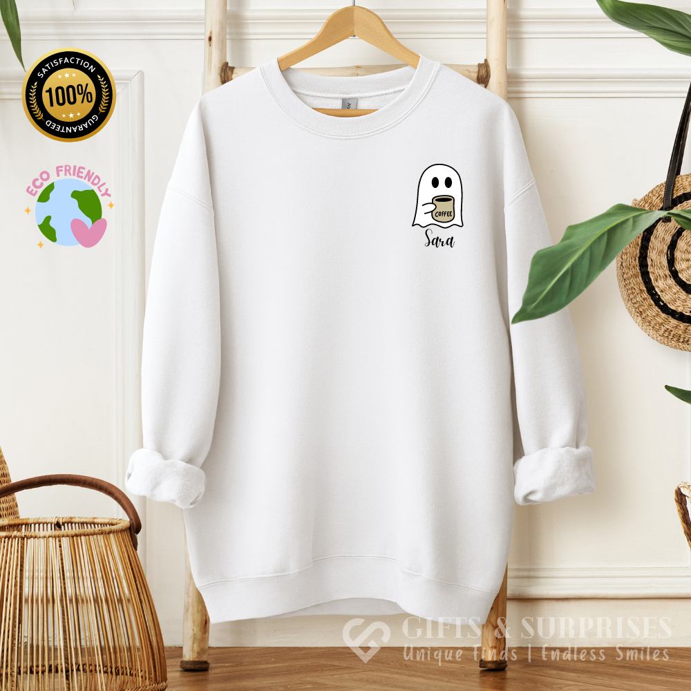 Personalized Spooky Coffee Ghost Sweatshirt | Custom Name Fall Crewneck