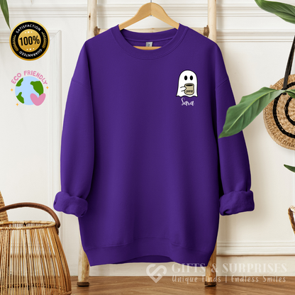 Personalized Spooky Coffee Ghost Sweatshirt | Custom Name Fall Crewneck