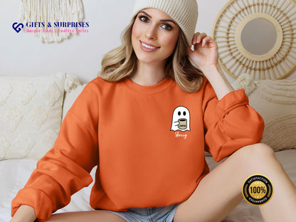 Personalized Spooky Coffee Ghost Sweatshirt | Custom Name Fall Crewneck