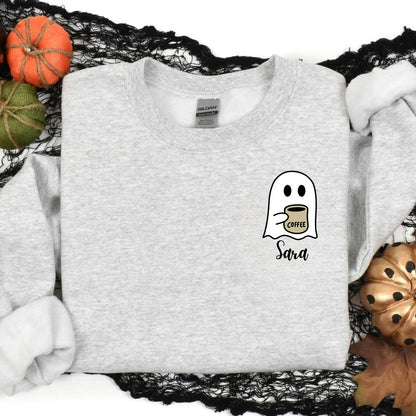 Personalized Spooky Coffee Ghost Sweatshirt | Custom Name Fall Crewneck